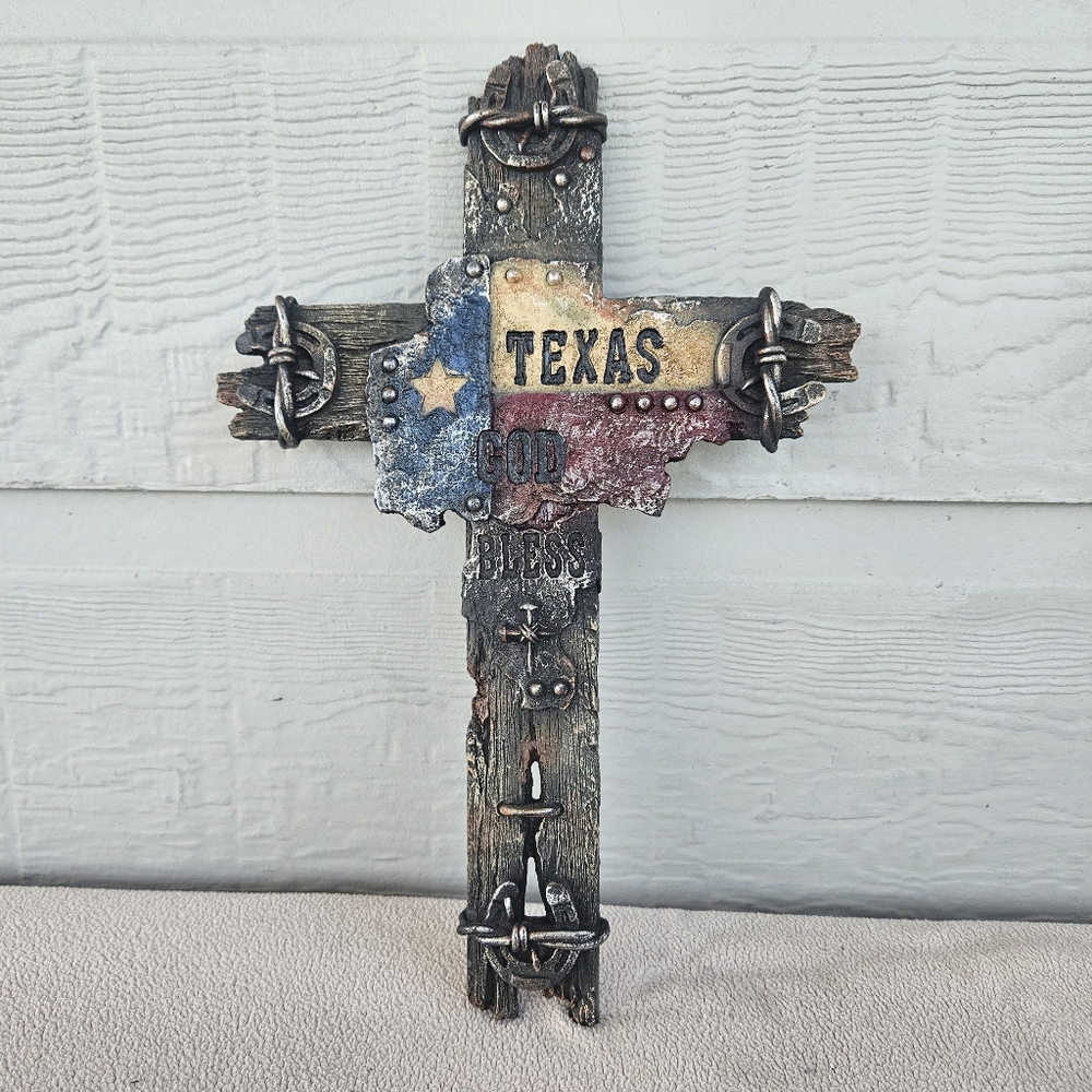 God Bless Texas Wall Hanging Cross Resin Lone Star Flag Rustic Horseshoe Wire 1'